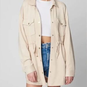 BlankNYC Faux Suede Boyfriend Shirt Jacket Shacket Drawstring Waist sz L Beige